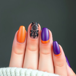 Almond nails, black lace, orange French tips, purple matte