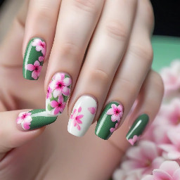 Green pinky nail, white ring finger nail with pink flowers, pink middle finger nail, green pointer finger nail with white flowers, white thumb nail with pink flowers