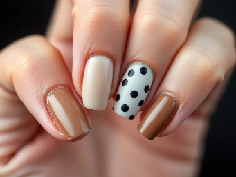 Mushroom colour with one nail with a lighter and darker polka dot