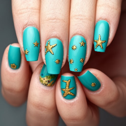 Teal nails with golden starfish minimal design