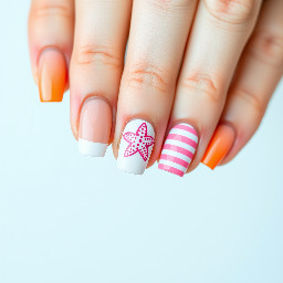thumb light orange pointer finger light pink middle finger white french tip with pink and light pink starfish with dots ring finger light pink stripes pinky finger light orange