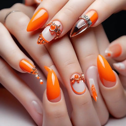 Super long 5xl nails with orange French tips and charms
