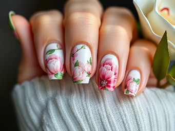 "Nail art aquarelle, motifs de peonies, palette rose/vert sauge, finition glossy, pour un événement printanier, 5 ongles + 1 accent nail