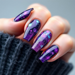 Purple kuromi and lumpy space princess gel nail manicure with 3D art and chrome accents