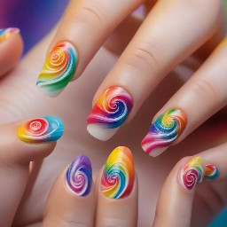 Make rainbow swirly nails with flowers and make them whimsical
