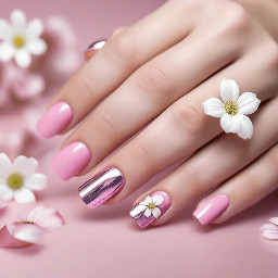 pink chrome nails on soft squares somewhat short length with white flowers