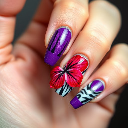 Purple tips with zebra print and a hibiscus flower