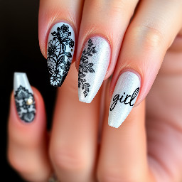 Thumb: Long stiletto shape with a pearlescent white/silver cat-eye base. The French tip features a black lace pattern with floral and fishnet details, outlined in black and accented with small sparkles/rhinestones along the French boundary line.   Index Finger: Pearl cat-eye base with a deep French tip. The tip is filled with black lace floral linework, outlined in black with a small central rhinestone accent where the French line peaks.   Middle Finger: Pearly shimmer base with a French tip featuring detailed black lace patterns and delicate rhinestone embellishments near the smile line.   Ring Finger: black background, "it girl" written sideways on white and cursive Little Finger (Pinky): Pearl cat-eye base with a crisp black lace French tip pattern and tiny rhinestones detailing the inner edge.