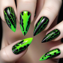 make me a long stilleto nail set thats neon green and black and cyber goth stle