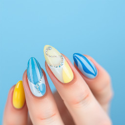 Women’s almond shape nails in yellow and different shades of blue in a water look
