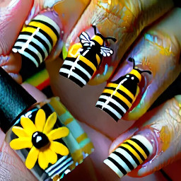 make me a nail set with black and yellow stripes on the pinky and pointer finger,  dasies on the middle finger and the ring finger, and on the thumb but a tiny bee