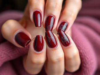 cute dark red stilletto nails. not super complicated but also not boring. simple patterns that would be easy for a beginner nail tech with gel x materials. not basic white girl stuff, but not gothic either. kind of like a regina george or sabrina carpenter style of simple dark red stilletto nails. also colors and styles that would look good on tanned meditteranean tone skin.