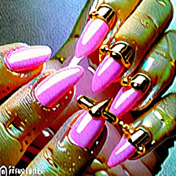 Long length pink clear acrylic base with modern gold french tips on the thumb, pointer finger and pinky. On the middle finger a gold 3d balloon in the shape of a 1. On the ring finger a gold 3d balloon in the shape of an 8