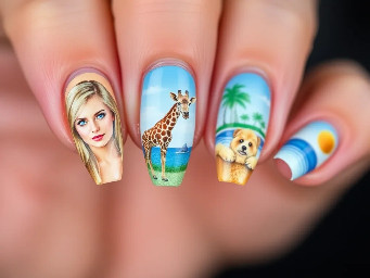 stiletto nails, I want one nail to have a blonde blue eyed woman (the middle finger), one nail to have a giraffe hipper (ring finger) I also want the pointer/index finger to have a golden labradoodle dog hipper and the thumb to have an island.