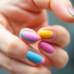 Nail design with pink blue and yellow colors curved tip not that long