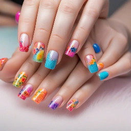 Create a spring/summer set with bright colors that are trendy but no polka dots, chrome, or mini French tips for square nails