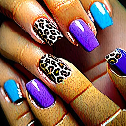 A summer-themed manicure with a nude base for most nails, and using colors like blue and beige cateye, as well as solid purple. Nail art can include leopard print, 3D designs, french tips etc