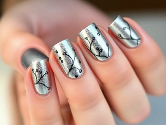 Silver chrome nails with delicate, hand-painted black vine patterns and tiny clear crystal accents, high-shine finish