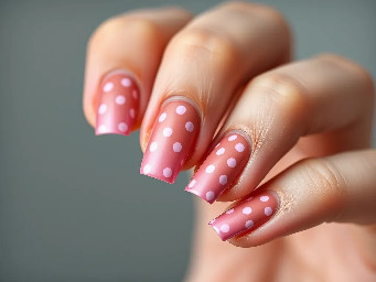 Generate a square French tip with a warm brunette Brown with baby pink polka dots.