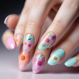 Almond nails that are pastel or neon colored with a flower pattern