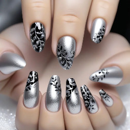 Silver chrome nails with delicate, hand-painted black vine patterns and tiny clear crystal accents, high-shine finish