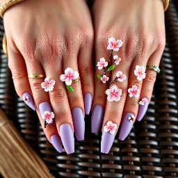 Ultra-realistic close-up macro photograph of two hands with long stiletto-shaped acrylic nails, clasped together showing all ten fingers. Nails are painted in a soft lavender-purple matte polish with a glossy finish. Each nail features hand-sculpted 3D pink sakura cherry blossom flowers made of acrylic gel, with five-petaled blossoms in soft pink gradient shading (light pink center to deeper pink edges), tiny yellow-dotted stamens at the flower centers, and delicate hand-painted green leaves alongside thin dark brown tree-branch line art with small red berry accents on some nails. The 3D flowers have realistic dimensional texture and subtle shadow depth, appearing raised off the nail surface. Hands rest on a dark woven wicker/rattan textured surface. Fingers are adorned with delicate gold rings and one blue gemstone ring, with a woven friendship bracelet visible on one wrist. Soft, warm, natural studio lighting highlights the glossy nail polish sheen and the matte-to-gloss contrast between the base color and the floral appliqués. Skin has realistic natural texture, pores, and subtle color variation. Shot in high-resolution macro photography style, shallow depth of field with slight softness at the edges of the frame, professional nail art photography aesthetic.  Negative prompt guidance: no extra fingers, no warped hand anatomy, no flat/2D-looking flowers, no plastic shine, no blurry details on the floral design, no unrealistic proportions.