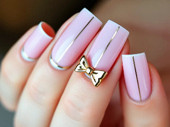 squoval nails. light pink french tips on pinky index and thumb with a thin line of gold chrome lining the bottom of the tip. solid light pink on middle finger with vertical gold chrome stripes. solid light pink on ring finger with gold chrome bow in the middle design me these nails and give me an image