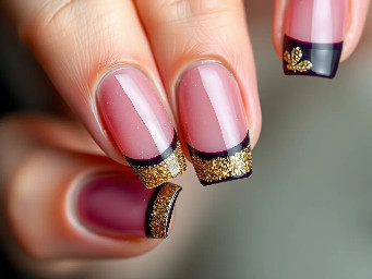 Clear square nails, dark purple french tip, gold glitter on the dark purple French tip