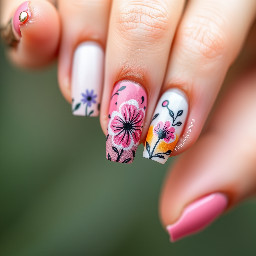 In style of macro photo, single hand, create nail art on fingernails based on: nails centered full view, sharp focus, true color, photoreal, 4k