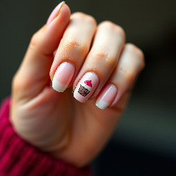 A crisp, detailed close-up photo of a teenager's hand showing off a fresh manicure. The nails are short, almond-shaped with a sheer milky pink base. Must incorporate 14 and cupcakes. Birthday nails.