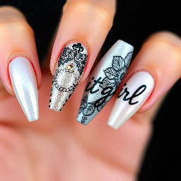 Thumb: Long stiletto shape with a pearlescent white/silver cat-eye base. The French tip features a black lace pattern with floral and fishnet details, outlined in black and accented with small sparkles/rhinestones along the French boundary line.   Index Finger: Pearl cat-eye base with a deep French tip. The tip is filled with black lace floral linework, outlined in black with a small central rhinestone accent where the French line peaks.   Middle Finger: Pearly shimmer base with a French tip featuring detailed black lace patterns and delicate rhinestone embellishments near the smile line.   Ring Finger: black background, "it girl" written sideways on white and cursive Little Finger (Pinky): Pearl cat-eye base with a crisp black lace French tip pattern and tiny rhinestones detailing the inner edge.