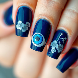 I want navy blue color french tip on all . Evil eye on ring finger.Add flowers of gel. Add details with silver lines or dots
