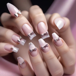 Coquette ballerina/coffin shaped nails with french tips and bow charms