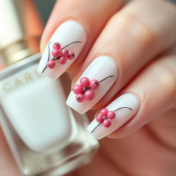 White coquette nails with small pink berries