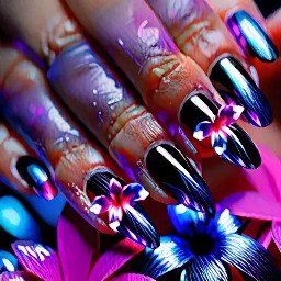 Stiletto black nails with purple iridescent flower , pink iridescent flower, blue iridescent flower