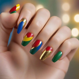 Make one a blue French tip one a yellow French tip one a red French tip and one a green French tip and a gold pinkie