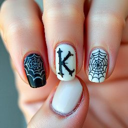 witchy nails, black and white, spider webs, letter k on one finger
