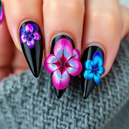 Stiletto black nails with purple iridescent flower , pink iridescent flower, blue iridescent flower