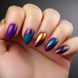 almond shaped naildesign with colorcodes #7151a5 (dark purple/magenta), #2e89b4 (deep teal), #ff9615 (muted orange), #ffca2b (yellowish gold), and #000000