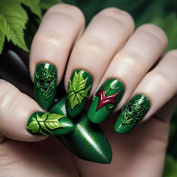 Simple yet intricate nails based on DC villain Poison Ivy. I want them to be badass yet whimsical. Not completely green either
