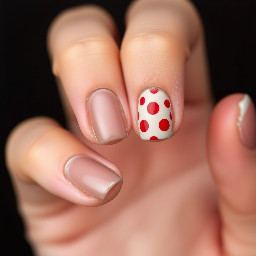 brown short square nail with red polka dot on ring and pointer finger