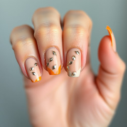 Je veux que mon pouce et mon petit doigt reste orange comme base peut-être avec des petites décorations dessus, collées ou des feuilles argentées pour les trois doigts du milieu, je veux qu’ils y restent avec une base beige et chacun du nail art par-dessus peut-être un qui reste complètement beige et juste que je colle quelque chose dessus, peut-être avec des vagues peut-être avec une French ou des dessins je sais pas trop