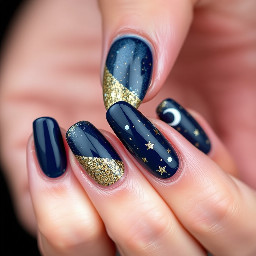 Short almond nails with the colors navy blue, gold, and white. French tip design, glitter on one of the fingers, constellations, stars, and moons.
