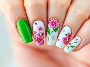 Green pinky nail, white ring finger nail with pink flowers, pink middle finger nail, green pointer finger nail with white flowers, white thumb nail with pink flowers