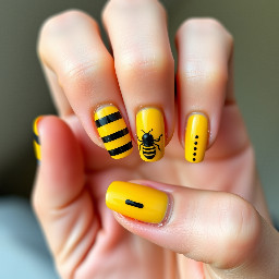 make me a nail set with black and yellow stripes on the pinky and pointer finger,  dasies on the middle finger and the ring finger, and on the thumb but a tiny bee