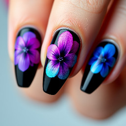 Stilettoblack nails with purple iridescent flower , pink iridescent flower, blue iridescent flower