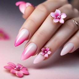 almond gradient long french nails that are pink with 3d flower charms that is elegant