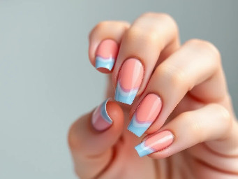 Coral color, pastel blue/ colors, french tips, waves