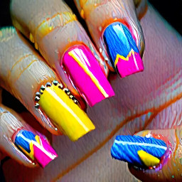 pinky finger is the same design as the thumb, ring finger is blue, middle finger is yellow, index finger is pink and thumb is pink with 3 little kiss marks, one pink, one yellow and one blue