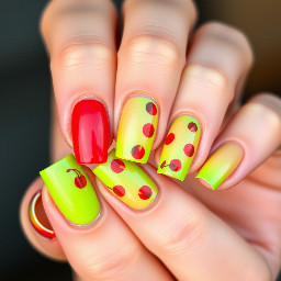 Nail art inspired by cherry limeade with rich red and neon green